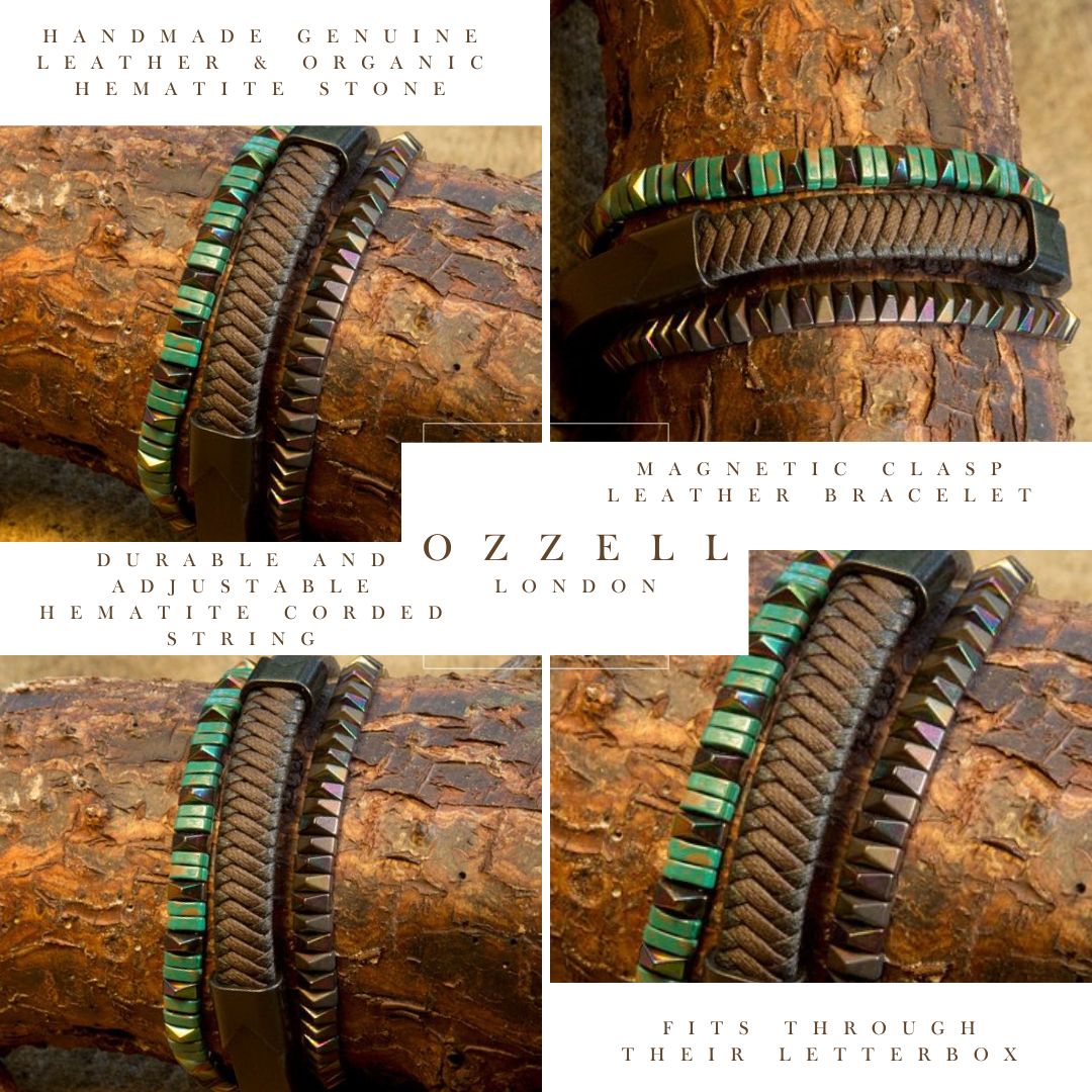 Men’s Natural Stone Beaded Bracelet, Set of 3 Bracelets with Gemstone Hematite Beaded Bracelet and Genuine Leather Bracelet - Ozzell London