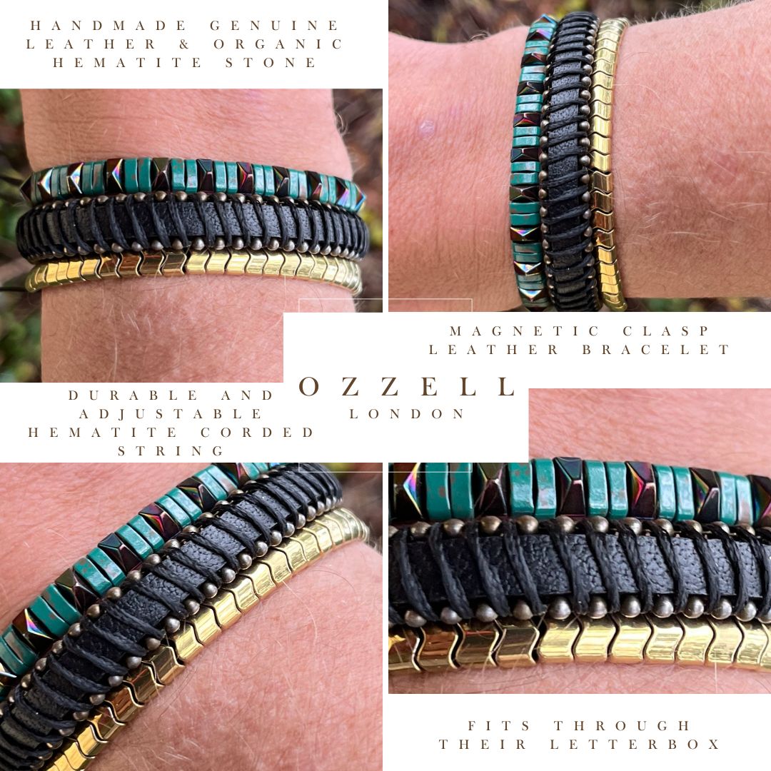 Men’s Natural Stone Beaded Bracelet, Set of 3 Bracelets with Gemstone Hematite Beaded Bracelet and Genuine Leather Bracelet - Ozzell London