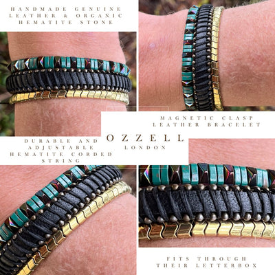 Men’s Natural Stone Beaded Bracelet, Set of 3 Bracelets with Gemstone Hematite Beaded Bracelet and Genuine Leather Bracelet - Ozzell London