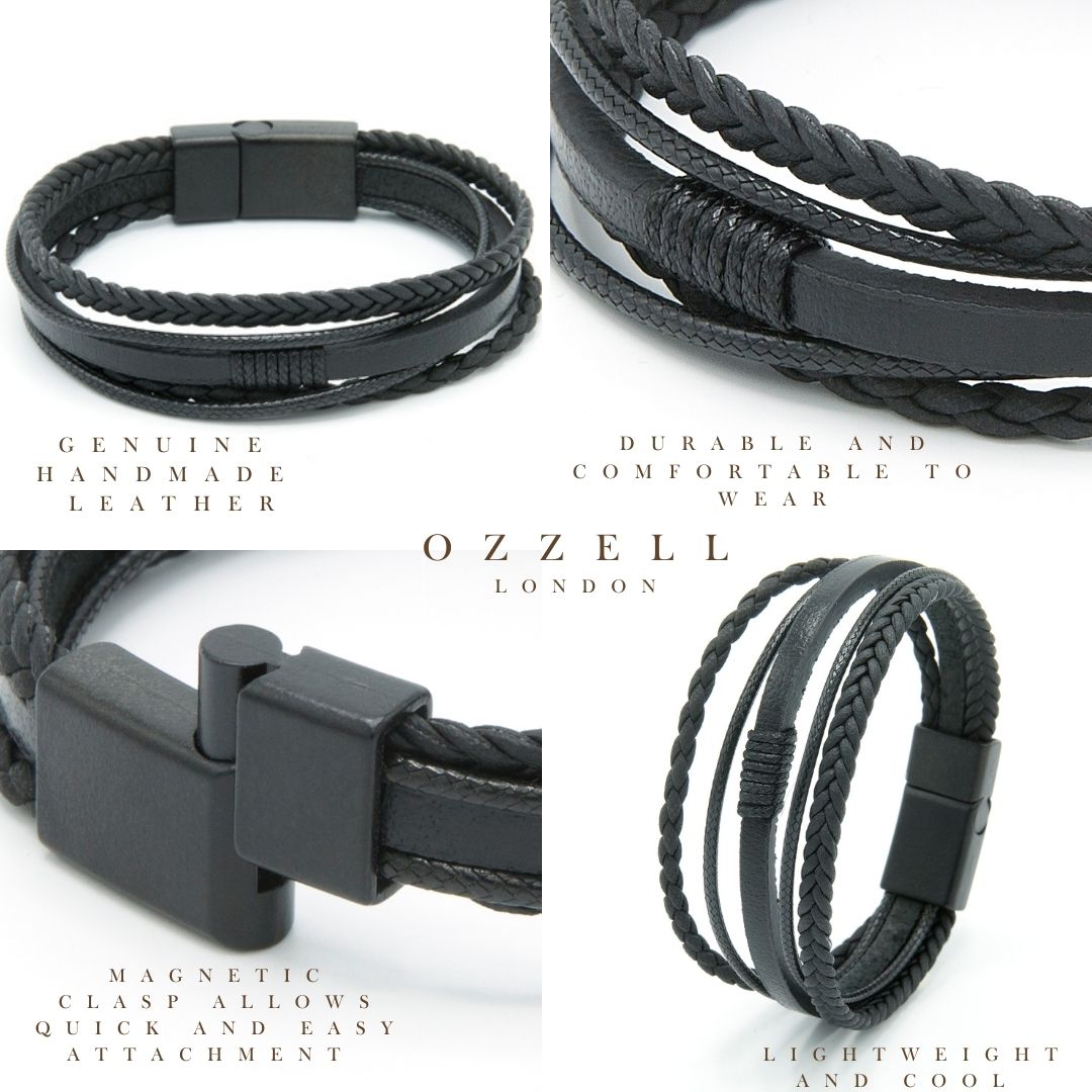 15mm Black Genuine Leather Braided Bracelet Birthday Gift, Christmas Gift, Anniversary Gift - Ozzell London