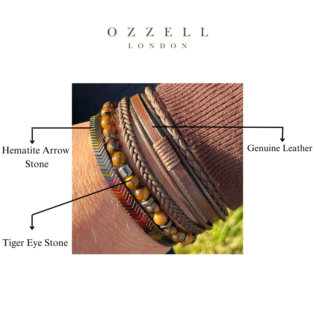 Men’s Natural Stone Beaded Bracelet, Set of 3 Bracelets with Gemstone Hematite Beaded Bracelet, Tiger Eye Bracelet, Leather Bracelet - Ozzell London