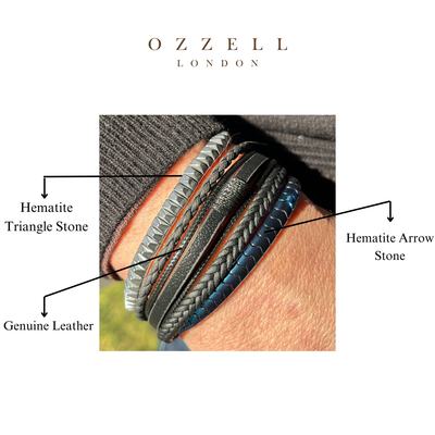 Men’s Natural Stone Beaded Bracelet, Set of 3 Bracelets with Gemstone Hematite Beaded Bracelet and Genuine Leather Bracelet - Ozzell London