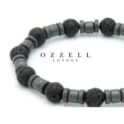 Men’s Natural Stone Beaded Bracelet, Set of 3 Bracelets with Gemstone Hematite Beaded Bracelet, Lava Stone Bracelet, Leather Bracelet - Ozzell London