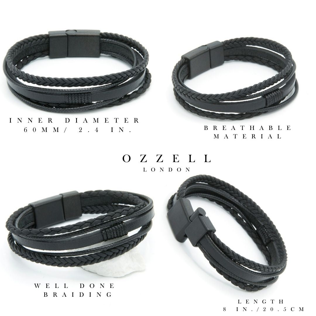 15mm Black Genuine Leather Braided Bracelet Birthday Gift, Christmas Gift, Anniversary Gift - Ozzell London