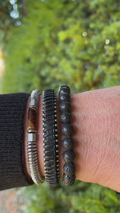 Men’s Natural Stone Beaded Bracelet, Set of 3 Bracelets with Gemstone Hematite Beaded Bracelet, Leather Bracelet, Lava Stone Bracelet - Ozzell London