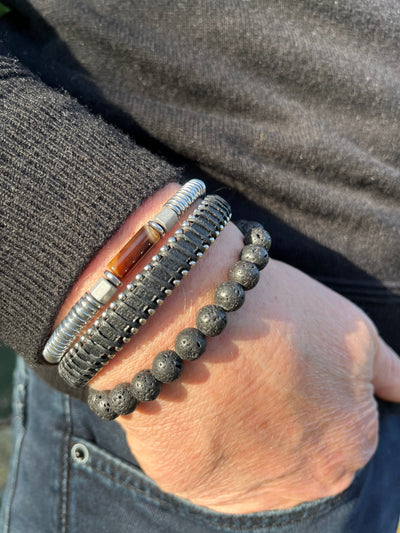 Men’s Natural Stone Beaded Bracelet, Set of 3 Bracelets with Gemstone Hematite Beaded Bracelet, Leather Bracelet, Lava Stone Bracelet - Ozzell London