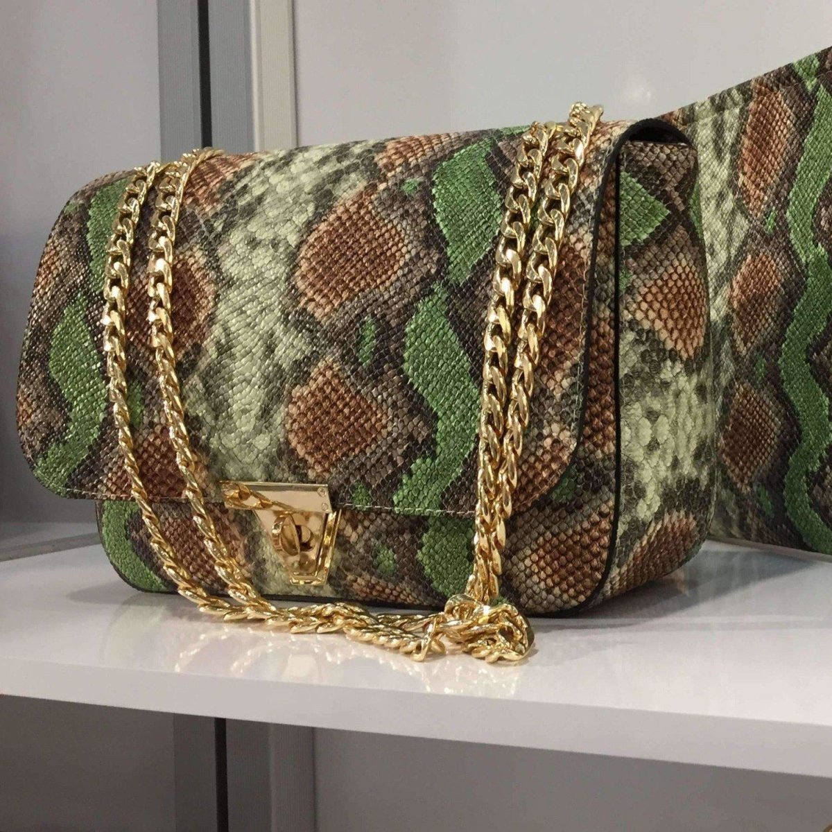 Snake Skin Printed Green Shoulder Bag - Ozzell London