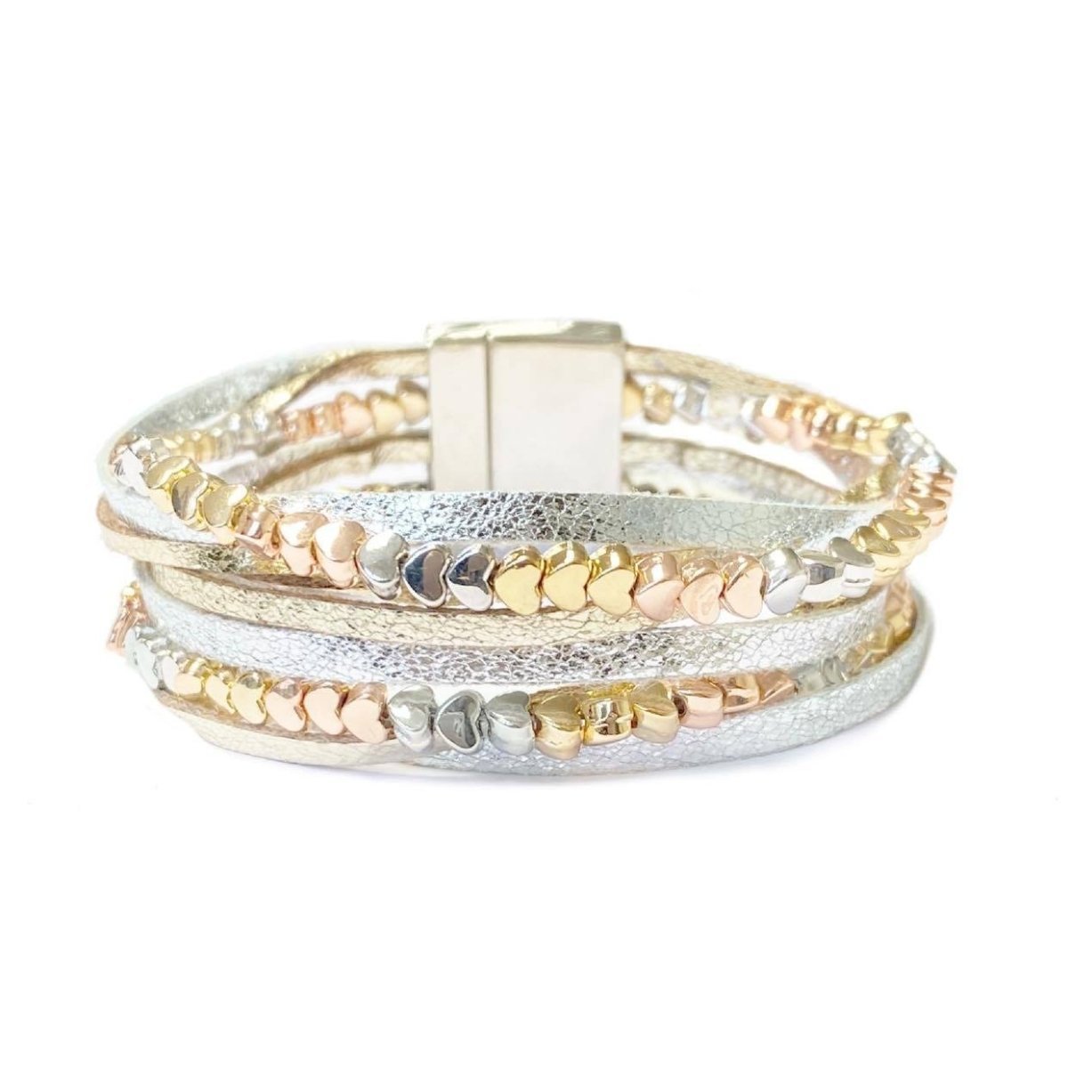 Tri-Tone Magnetic Multilayer Hearts Bracelet in Silver / Gold - Ozzell London